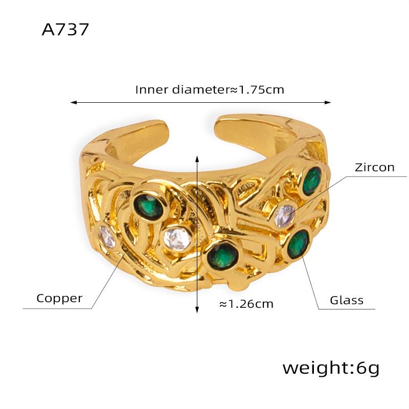 

Кольцо с цветным цирконием, нерегулярная гравировка, покрытая медью 18 карат, настоящее золотое кольцо, ретро-ювелирные изделия для женщин No. 7