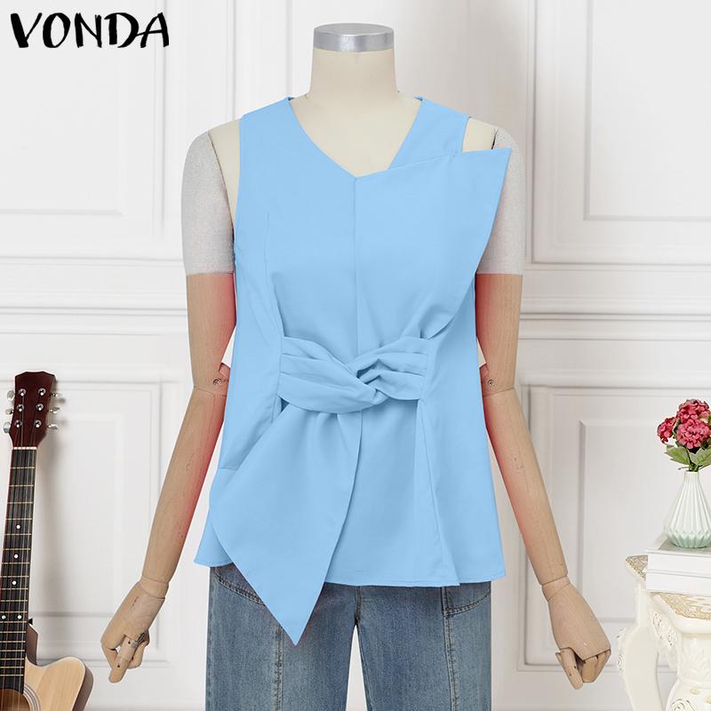 

VONDA Женские майки без рукавов с круглым вырезом, с узлом спереди, в стиле пэчворк, однотонные 5XL синий