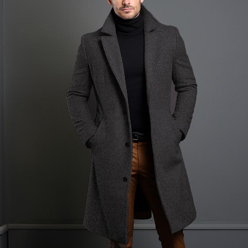 Men's Mid-Length Solid Color Woolen Coat - Warm Autumn/Winter Jacket