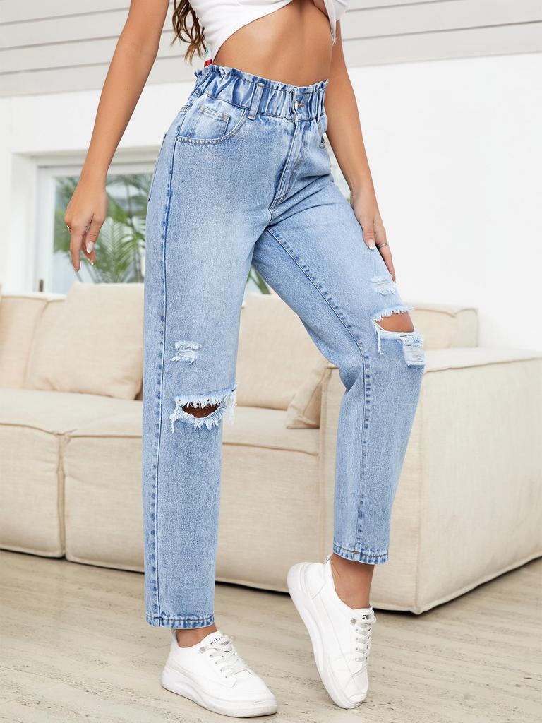 European & American Style Women's Slimming Ripped Straight-Leg Denim Pants