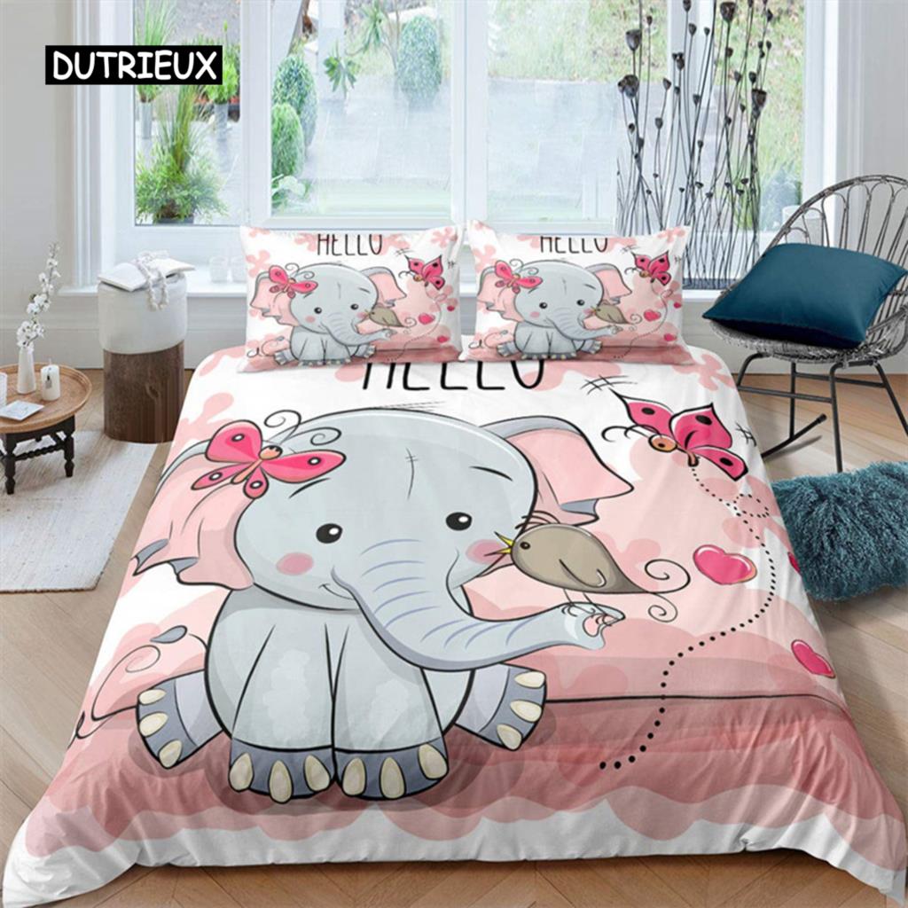 Cute Elephant Duvet Cover Set 2/3 Piece Cartoon Animal Bedding Set 3D Floral Comforter Cover Twin Full King For Boys Girls Gift