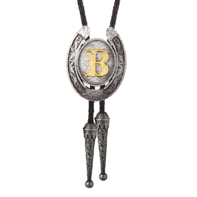 Men Faux Leather Rope Adjustable Bolo Tie Western Metal Initial Letter Pendant Shirt Collar Necktie Jewelry Necklace