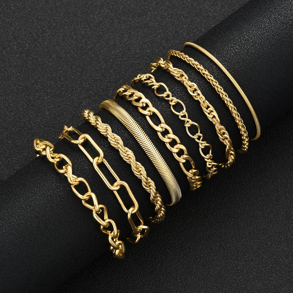 9pcs Simple Punk Chunky Chain Bracelet Set for Women Fashion Metal Snake Twisted Designs Multi Layered Bracelets Daily Jewelry