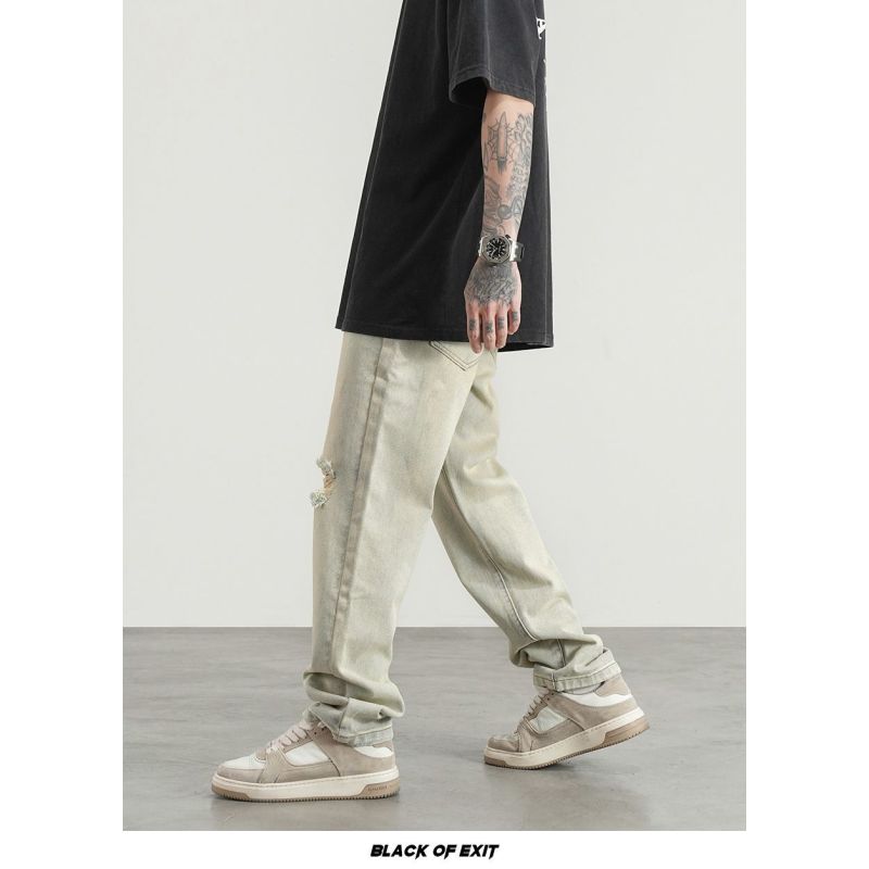 Americké pouliční prané staré zažloutlé volné džíny pánské univerzální střih ležérní výklenku smažené pouliční dlouhé kalhoty