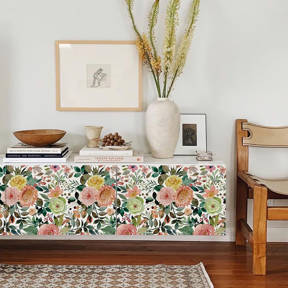 Pink Floral PVC Home Decor Wallpaper Removable Waterproof Flower And Leaves TV Background Decoration Elegant Cabinet Sticker