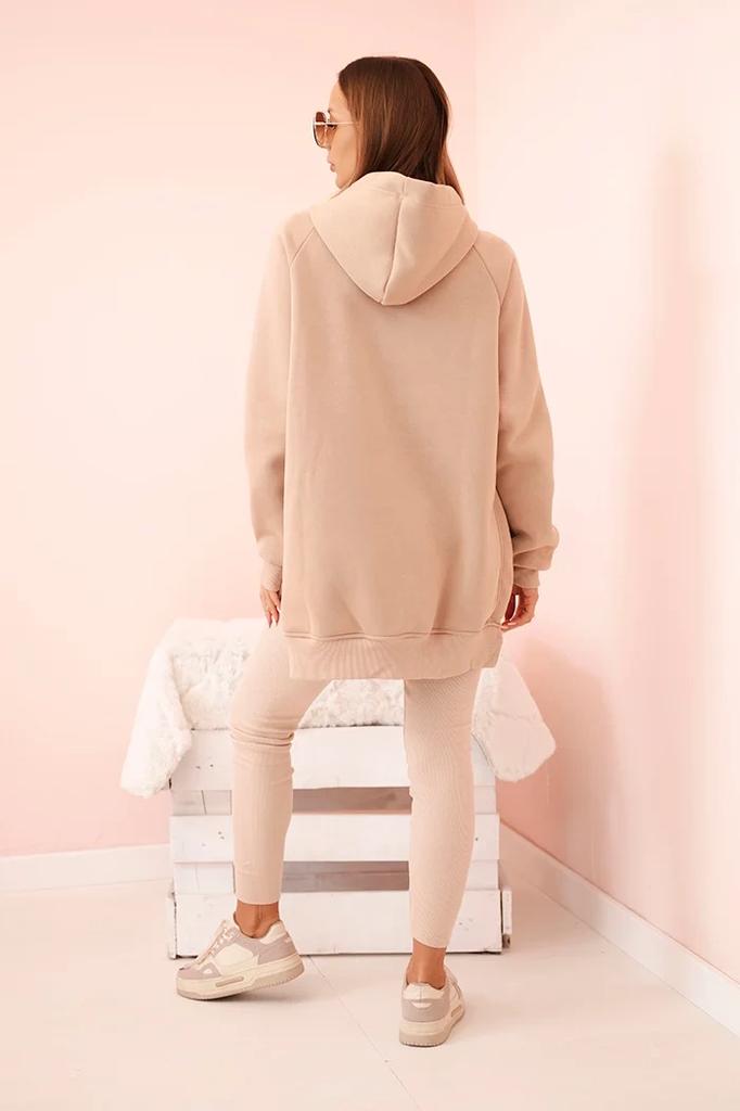 Beżowy Komplet Bluza Oversize Z Kapturem + Legginsy
