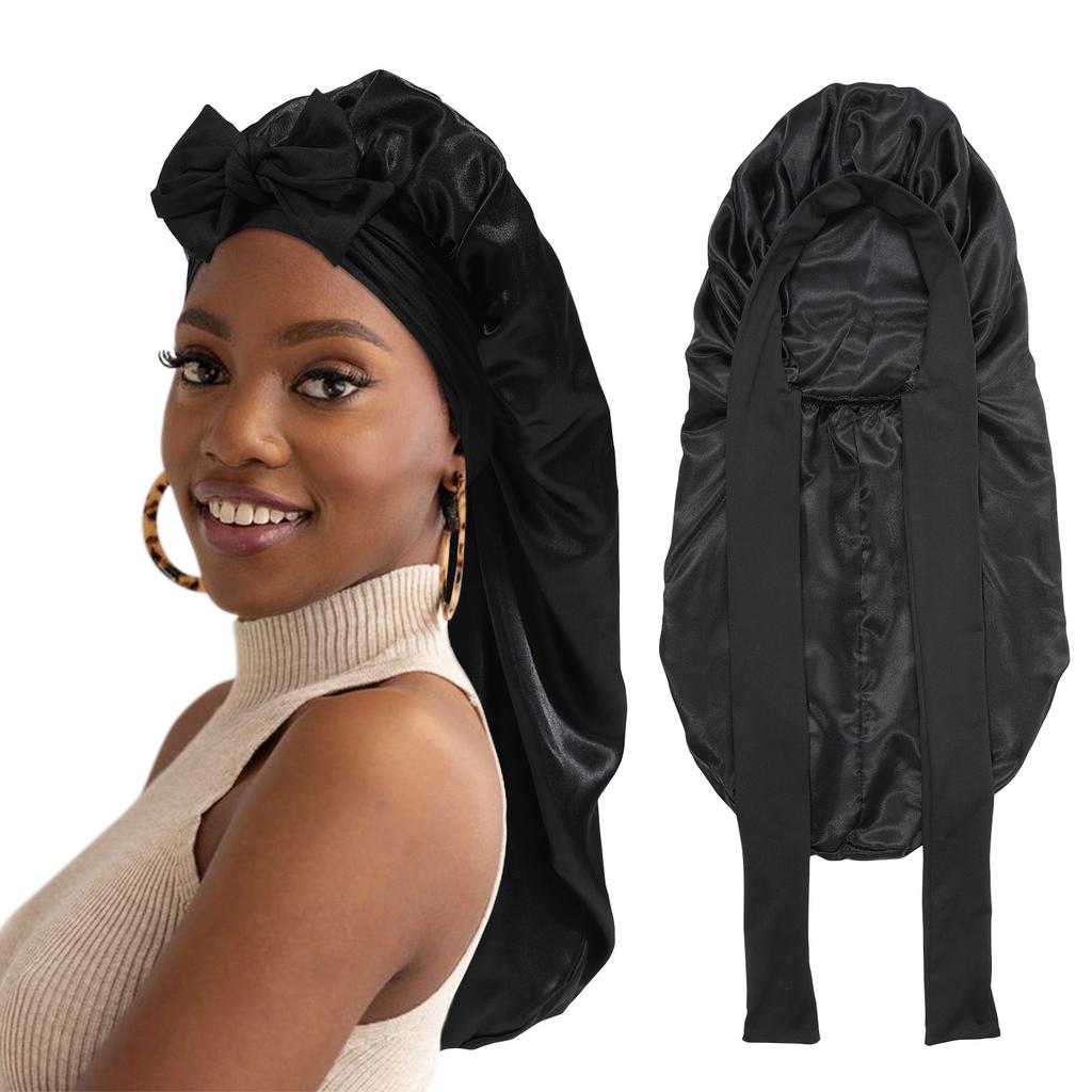 Long Sleeping Silky Satin Adjustable Hair Bonnet with Ties Solid Color Stretchy Sleep Cap for Women Long Hair and Braids