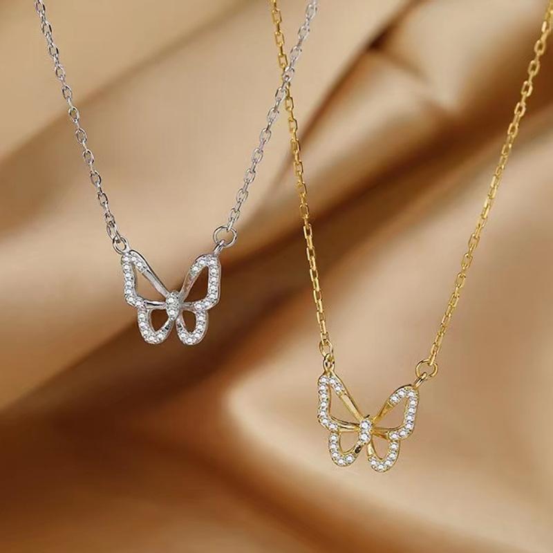 925 Silver Hollow Butterfly Pendant Necklace with Diamond - Like Crystal , Simple Style for Daily Wear
