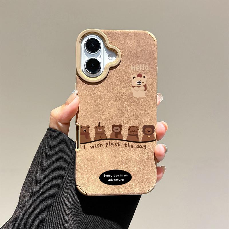 

Милый мультяшный медведь напечатан кожаный чехол + защитный чехол со шнурком мягкий силиконовый чехол для iPhone iPhone 16 Pro Max золотой