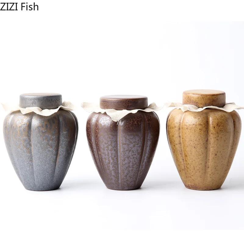 Retro Ceramic Tea Canister Sealed Storage Jars Coffee Table Desktop Glazed Rough Pottery Jar Travel Tea Can Candy Pots Tea Caddy