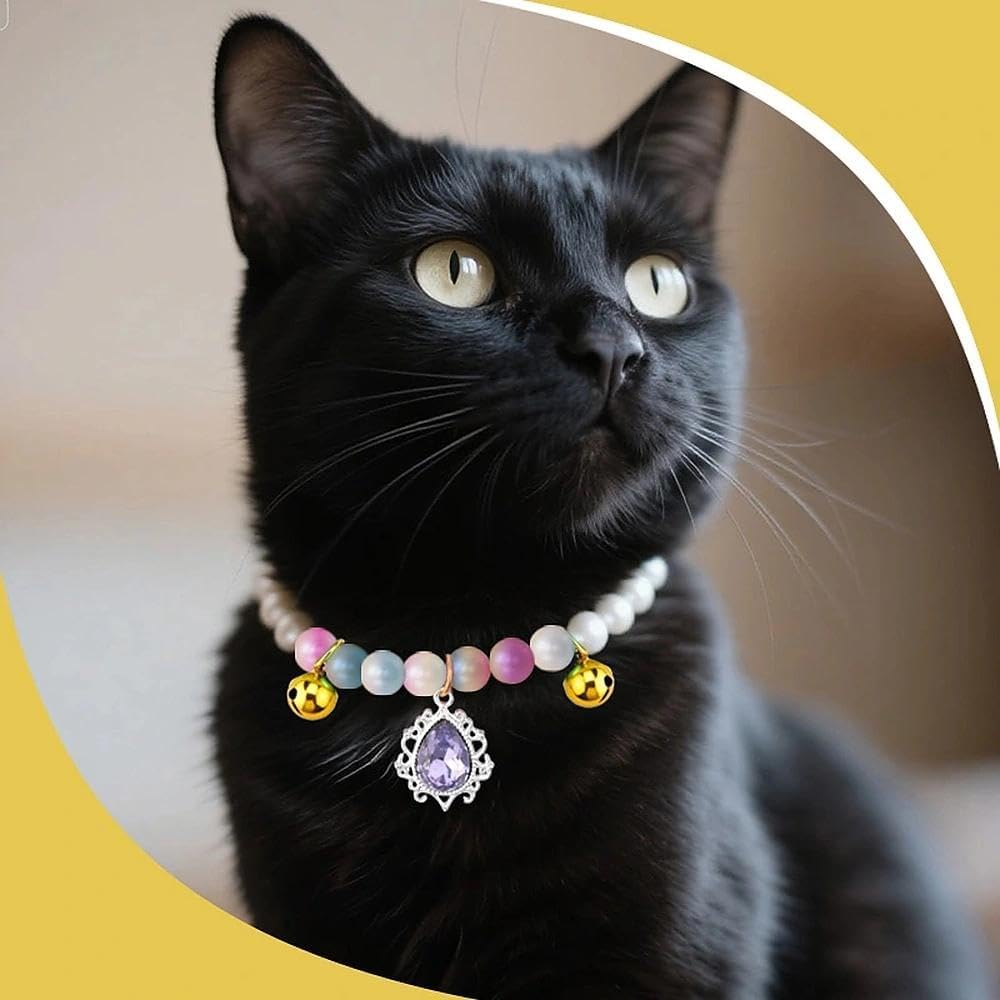 Pearl Cat Collar with Bell Rhinestones Teardrop Pet Necklace for Small Dog Colorful Pearls Elastic Charm Collar for Cats Puppy Wedding Party Dress