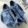 Washed Denim Zipper Tote Bag Large Capacity Cartoon Embroidery Handbag School Outdoor Picnic Pouch Lunch Bag Food Storage