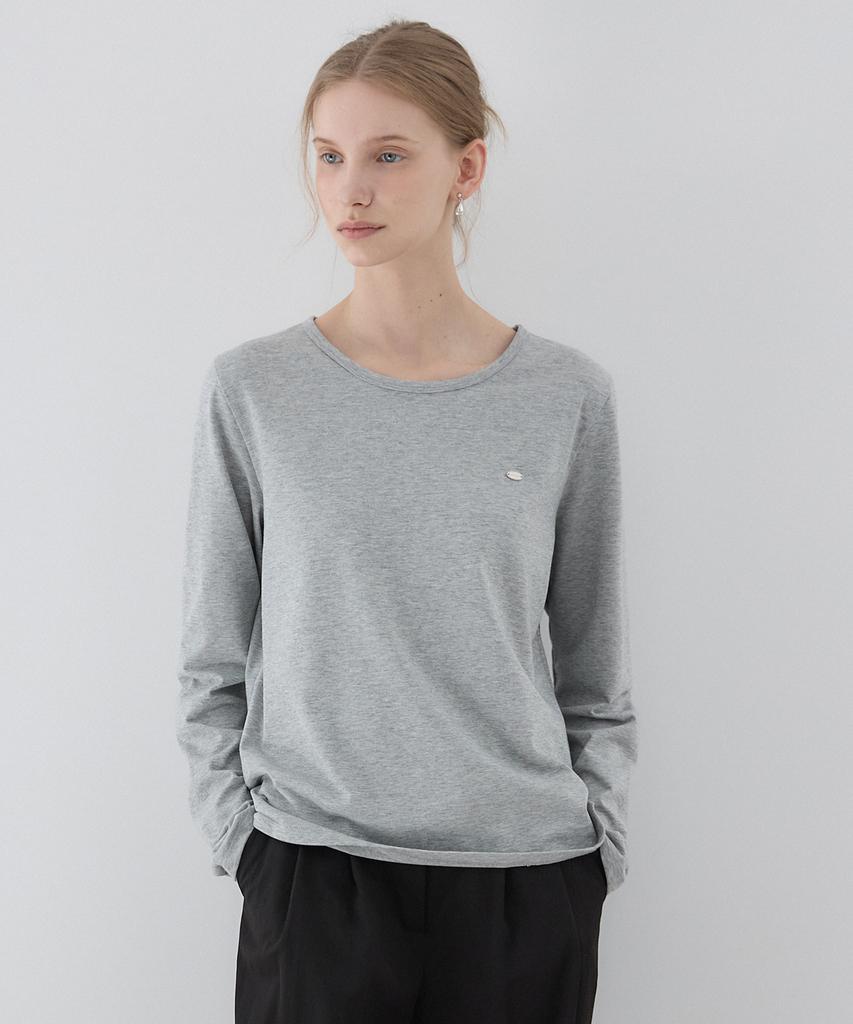 OURHOPE Logo Silky Round Neck Sleeve T-Shirt - Melange Grey
