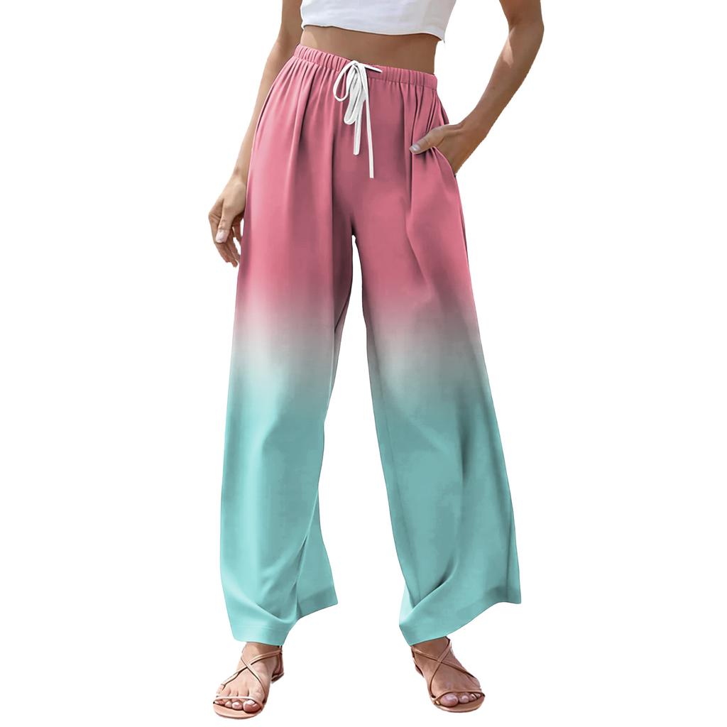 Women's Casual Gradient Print Wide Leg Drawstring Pocket Beach Casual Pants