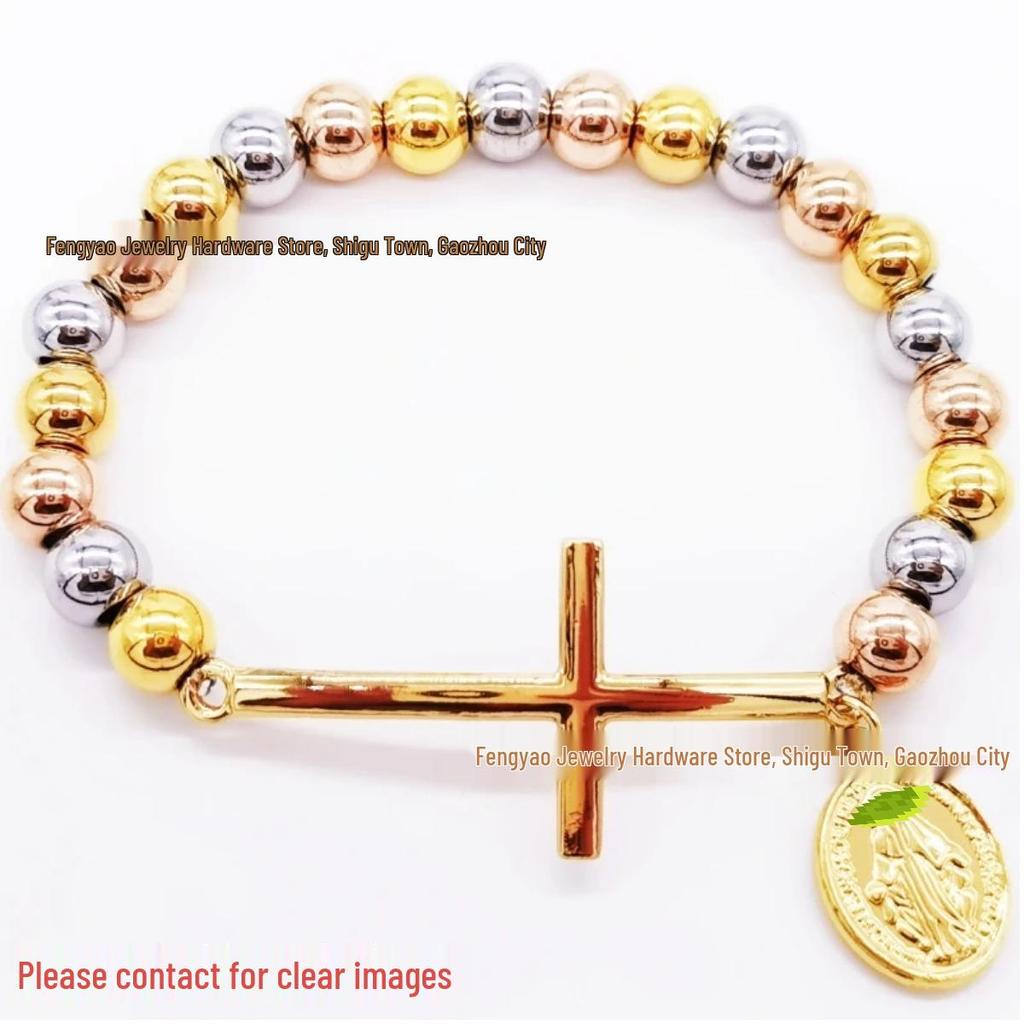 8mm Random Three-Color Bead Stainless Steel Handcrafted Cross Bracelet