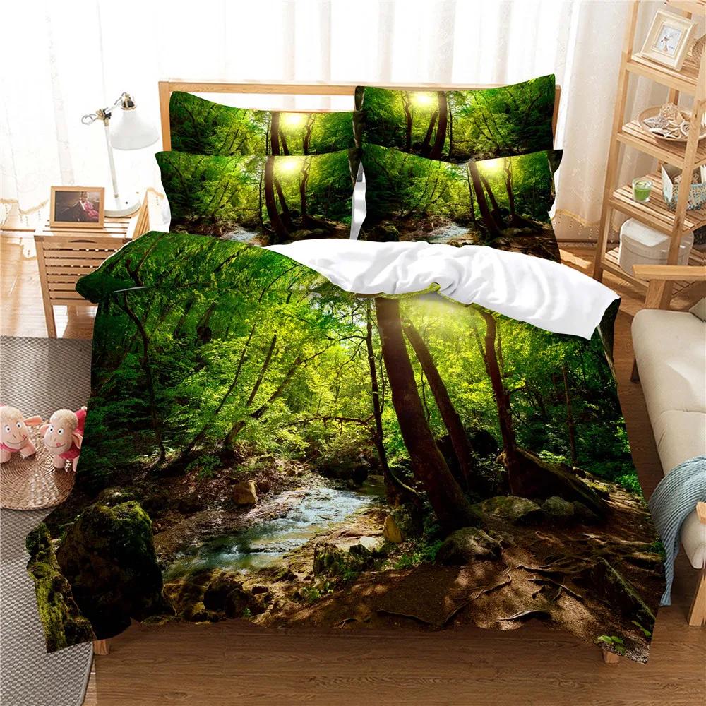 Forest King Queen Duvet Cover Beautiful Natural Scenery Bedding Set For Teens Adults Sunset Tree Landscape Polyester Quilt Cover