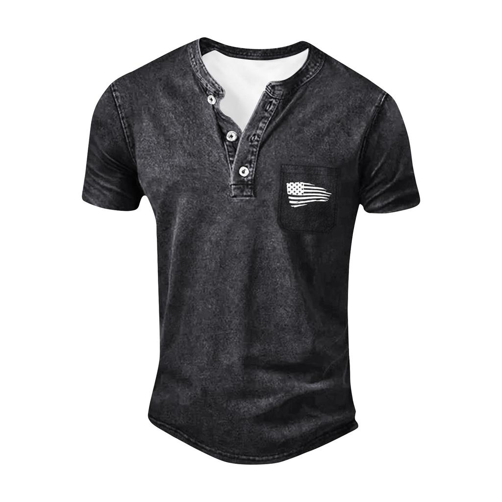 Men's Summer Round Neck Short Sleeve T-Shirt Neck Men's All- Casual Button Shirt