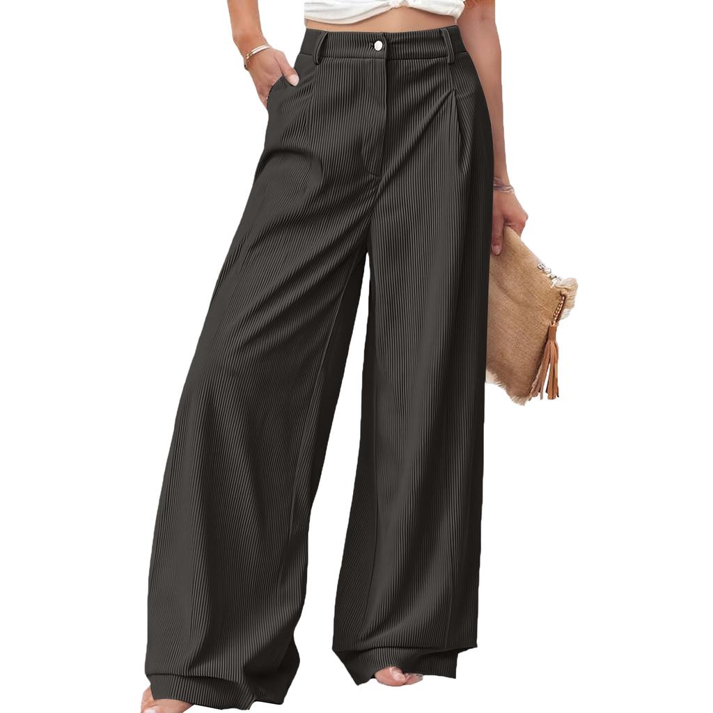 Women's Casual Fashion Color Elastic Waistband Pocket Wide-Leg Straight-Leg Pants