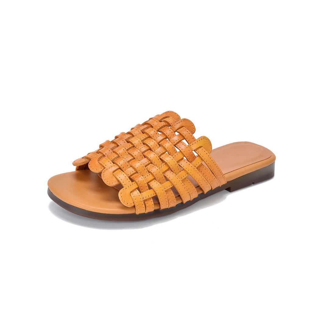 Johnature Hand Woven Genuine Leather Outdoor Flat Slippers Versatile Casual Women's Slip-on Shoes
