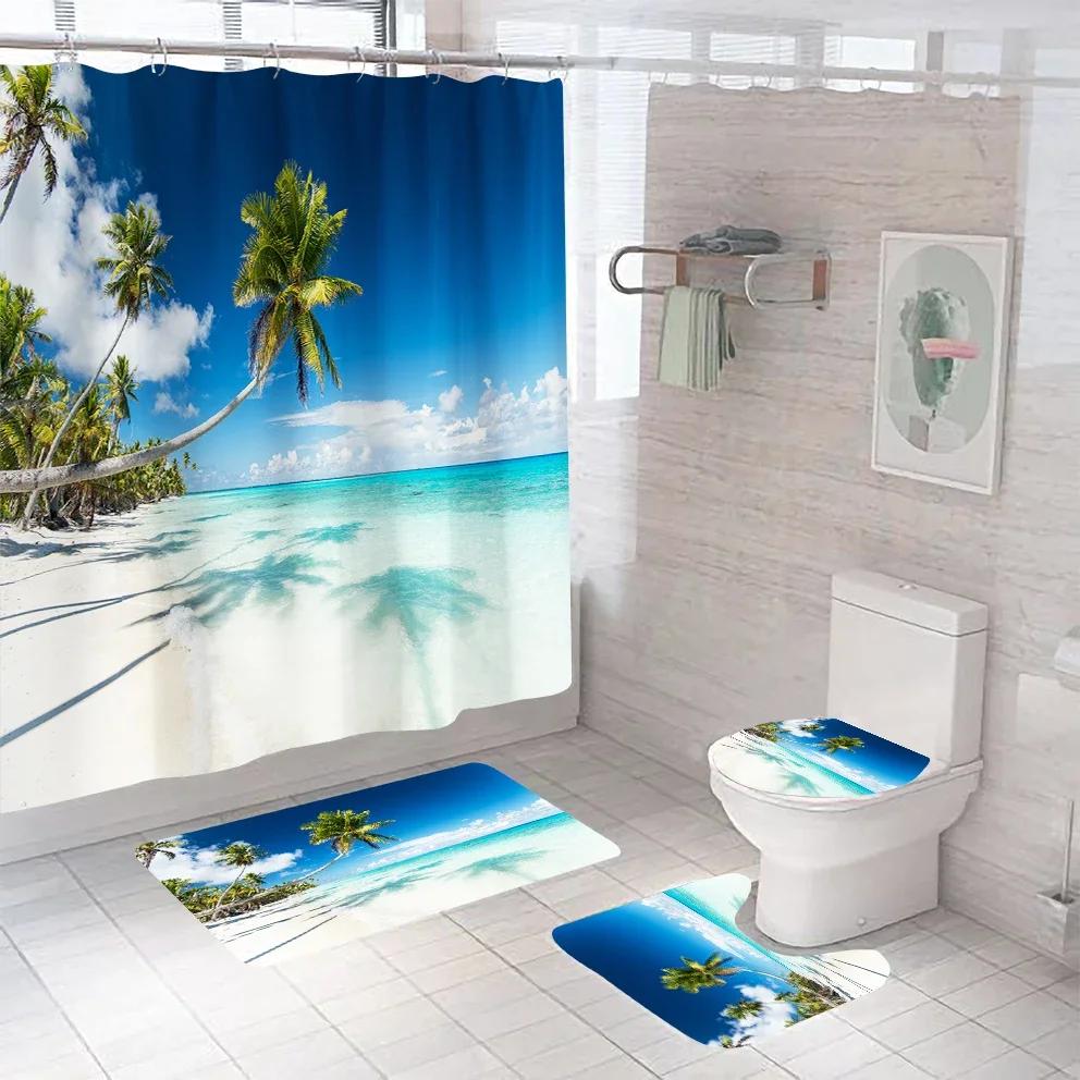 3D Seascape Beach Theme Shower Curtain Sets Toilet Cover Bath Mat Carpet Rugs Bathroom Drapes Shower Curtain Set With Hooks