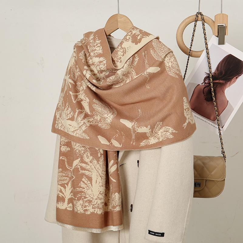 Autumn and winter leaf print imitation cashmere scarf female literary and fresh student commuting thickened warm shawl