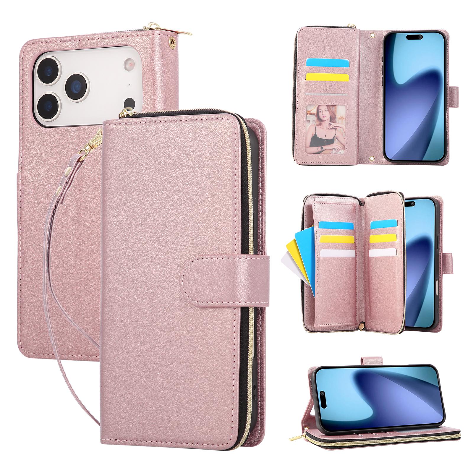 

For iPhone 17 Pro Case 9 Card Slots Zipper Pocket PU Leather Cover with Wrist Strap Rose Gold