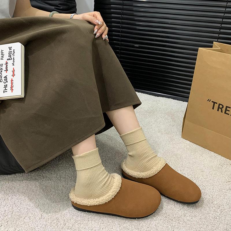 Women's soft bottom large size thickened winter warm fur one padded lining ankle boots non-slip Baotou cotton half slippers
