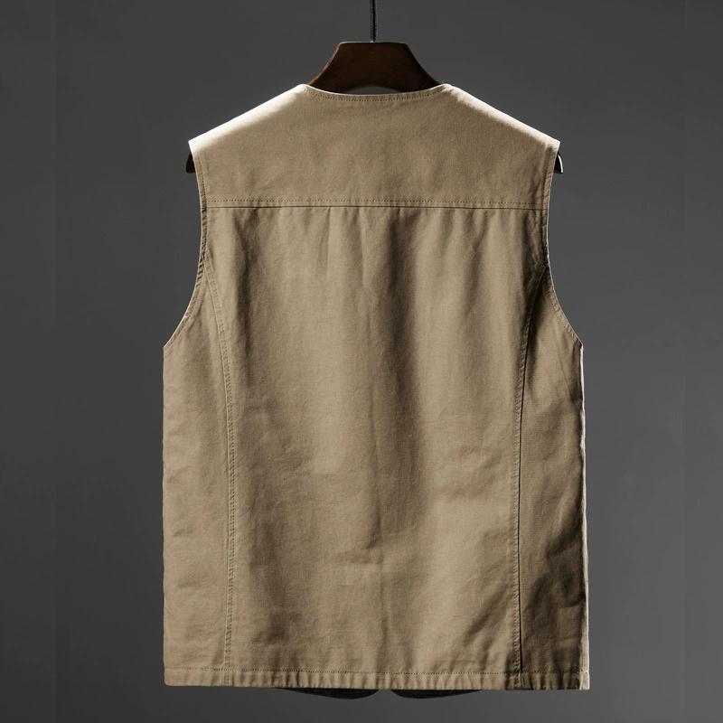 Men's Spring Plus Size V-neck Casual Vest Middle-aged and Elderly Single-breasted Multi-pocket Straight Hem Tops