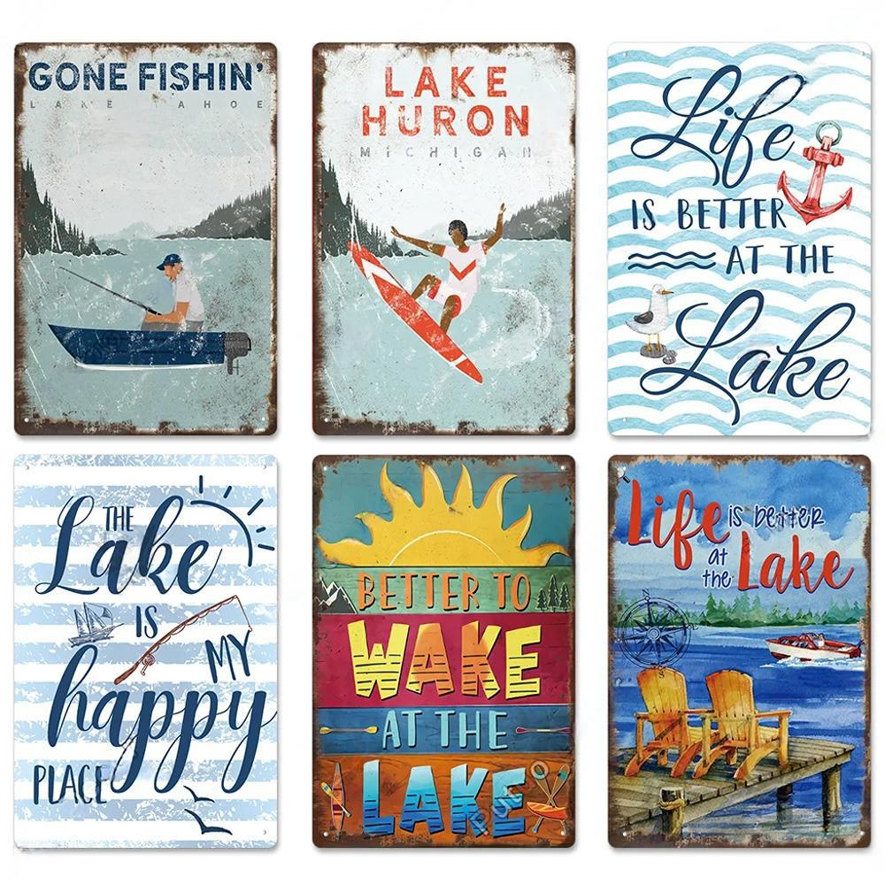 Lake House Posters Vintage Metal Tin Signs Decor Rustic Plaque Metal Plate Wall Art Decor for Living Room