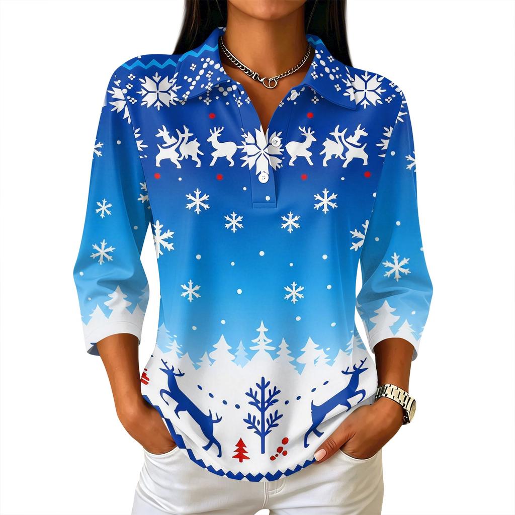 Women's Casual Christmas Print Button-Front 3/4 Sleeve Collared Blouse Top for Holiday Party