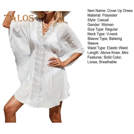 Cover Up Dress V-Neck Batwing Sleeve Hollow Pattern Neckline Bikini Swimsuit Cover Up with Elastic Waist Summer Outdoor Wear
