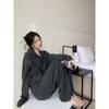 Casual Gray Fashion Knit Suit Women's New Autumn and Winter Korean Version of Loose and Lazy Open Fork Wide Leg Pants Two-piece Set