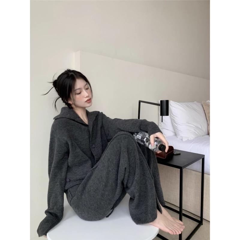 Casual Gray Fashion Knit Suit Women's New Autumn and Winter Korean Version of Loose and Lazy Open Fork Wide Leg Pants Two-piece Set