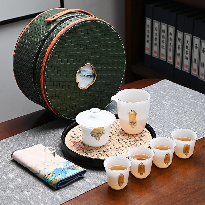 Ice Suet Jade Porcelain Travel Tea Set Outdoor Portable Ceramic Cover Bowl Tea Cup Complete Set Business Souvenir