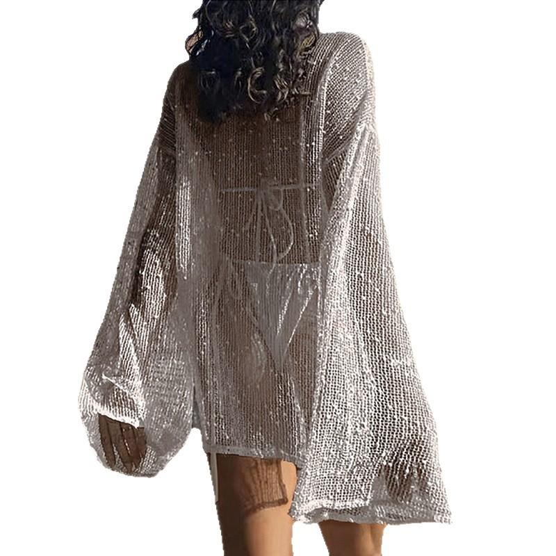 Side-slit Loose Solid Color Pullover Knitted Cut-out See-through Sexy Beach Sun Protection Bikini Blouse