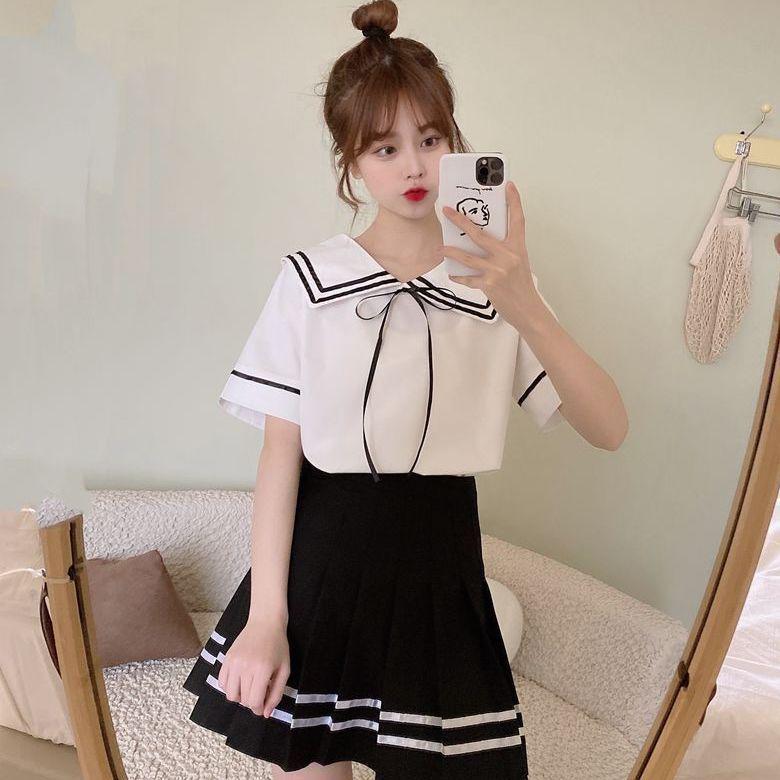 Women's French Navy Collar Shirt & Pleated Skirt Set - Fresh JK Campus Style