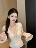 Women’s Winter Slimming V-Neck Lace Top with Bell Sleeves