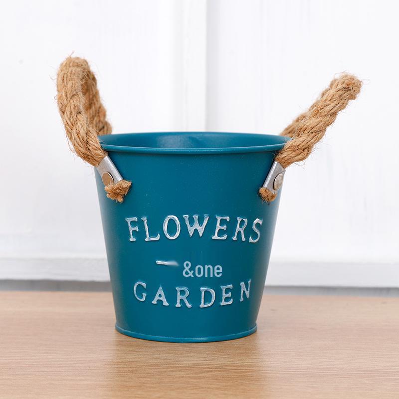 

Цветной жестяной цветочный горшок в скандинавском стиле с пеньковой веревкой: Кованый железный суккулентный кашпо и настольное украшение для хранения темно-синий