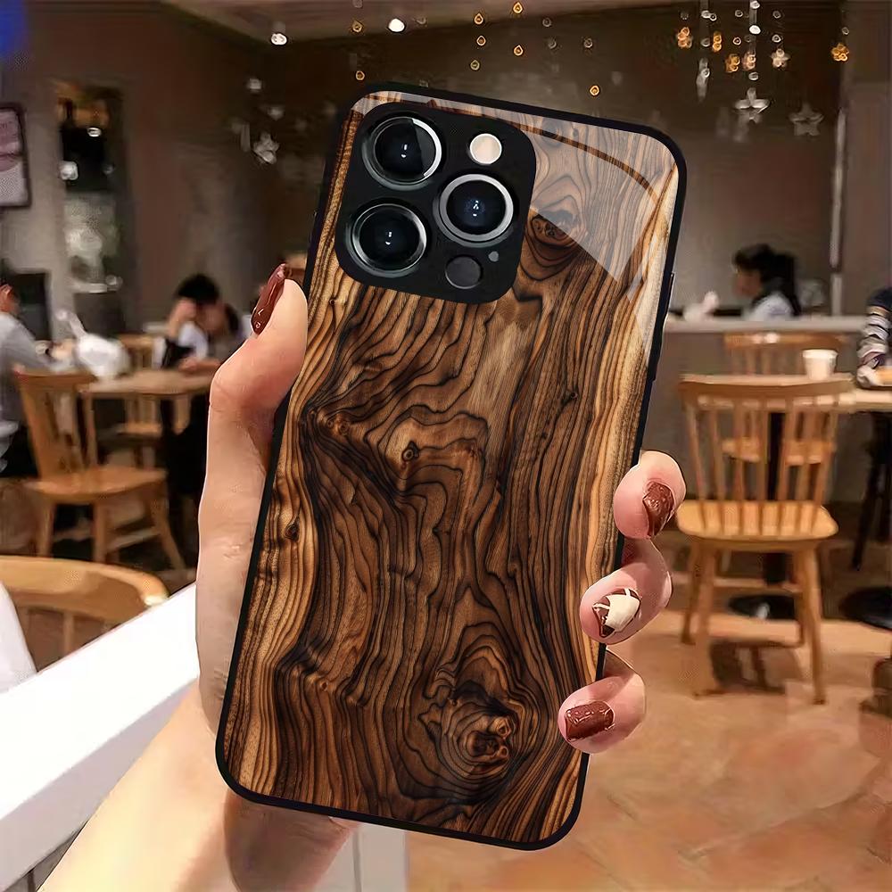 Vintage Wood Grain Printed Glass Phone Case Suitable for iPhone 17 16 15 14 13 12 11 Pro/Max/Plus Anti Drop and Shockproof