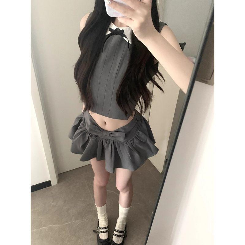 Kumikumi Pure Desire Style Gray Suit Sleeveless Vest Women's Summer Slimming Easiest for Match Ruched Skirt Two-piece Set