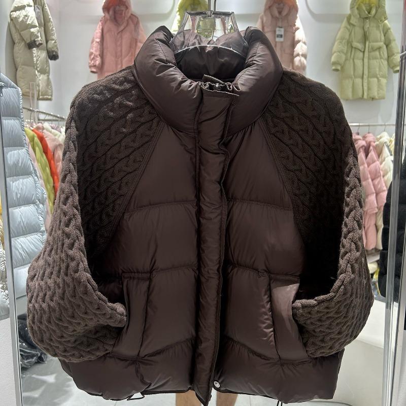 Winter Women Down Parkas Jacket Cable Knit Sleeve Spliced Stand Collar Thick Warm Short Coat Petite Ladies Outerwear