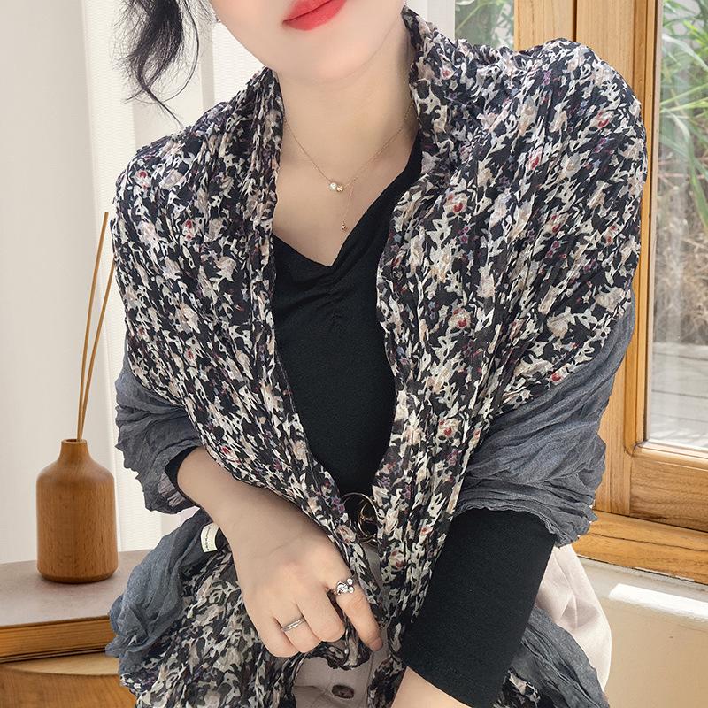 Small Floral Thin Mori Age-reducing Wrinkled Sunscreen Silk Scarf Women's Summer New Versatile Shawl Fashion Trends