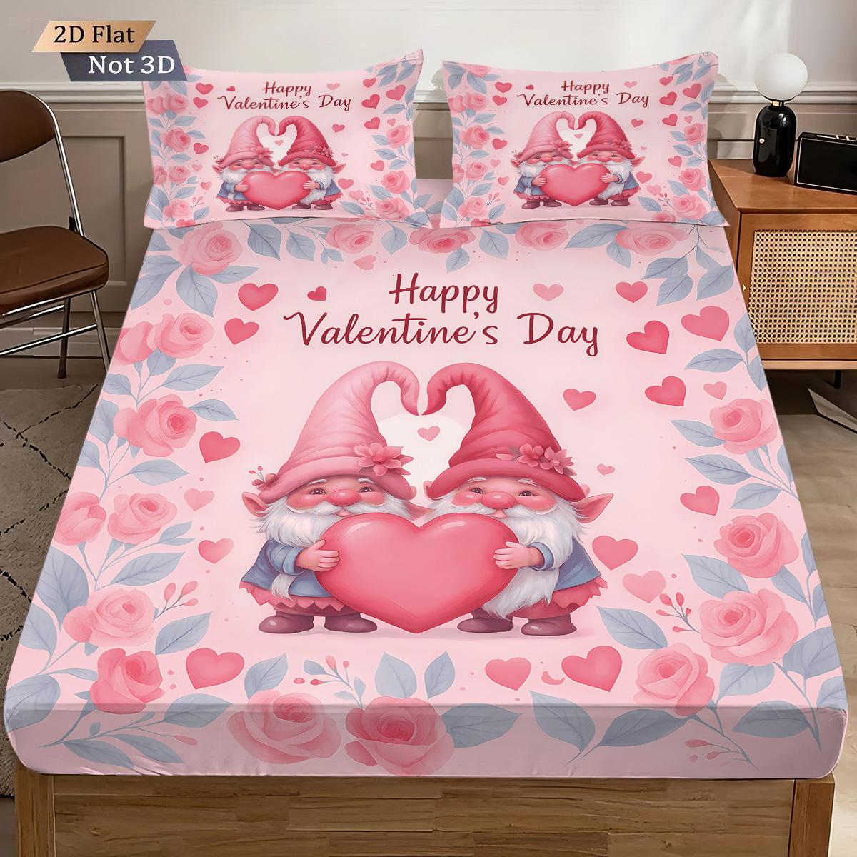 

3Pcs Valentine S Day Romantic Pink Love Gnome Print Coreless Bed Sheet Set Multi Size Bedroom Dormitory Bed Cover Decoration 90x191
