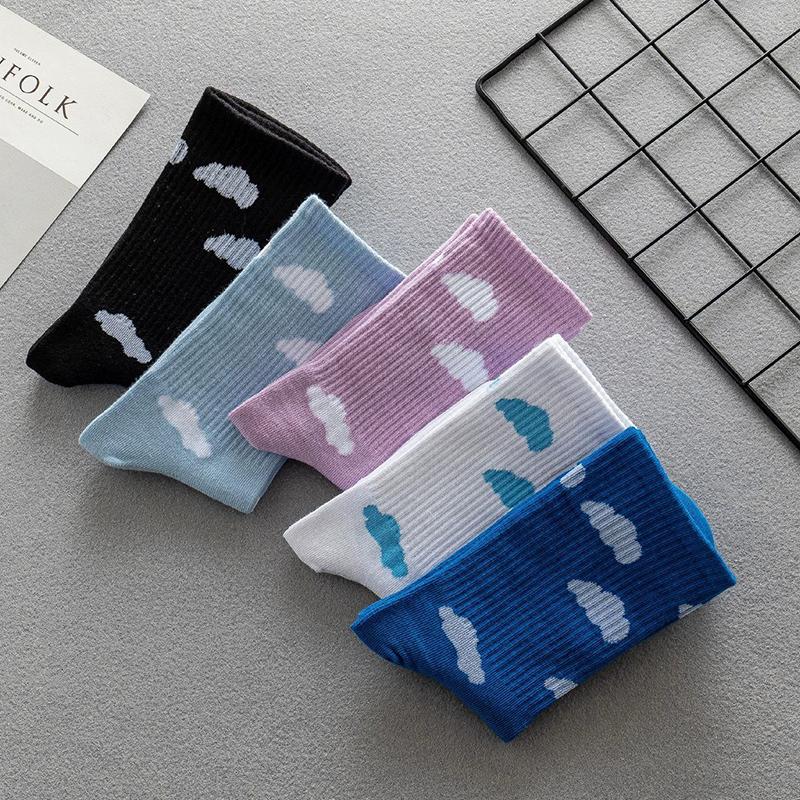 1/5 Pairs Cloud Patterned Women Mid Tube Cotton Socks Soft Comfortable Odor Proof Sweat Absorbing Breathable Casual Socks