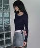 Ledeoli Square Neck Shirred Wool Knit Top [Navy]