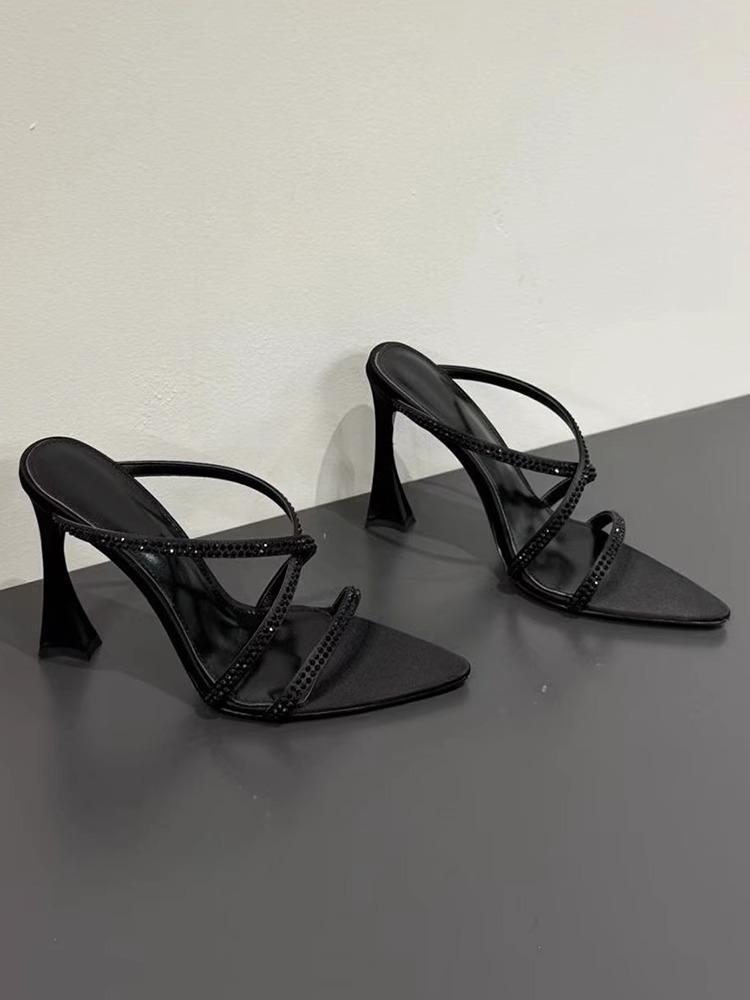 2025 Summer Word with Snake Wrap Open-toed Rhinestone Flash Diamond Bow Thin Heel High Heel Sexy Sandals Women's Shoes
