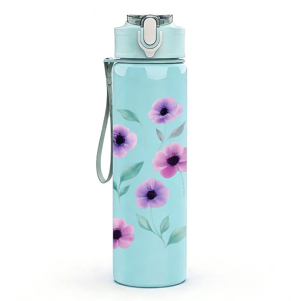 1PC Purple Wildflower Pattern 750ml Color Plastic Sports Water Bottle Leakproof Flip Straw Lid Suitable for Sports Office Home Use