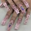 Stylish Long Square False Nails with Flower and Rhinestone Design