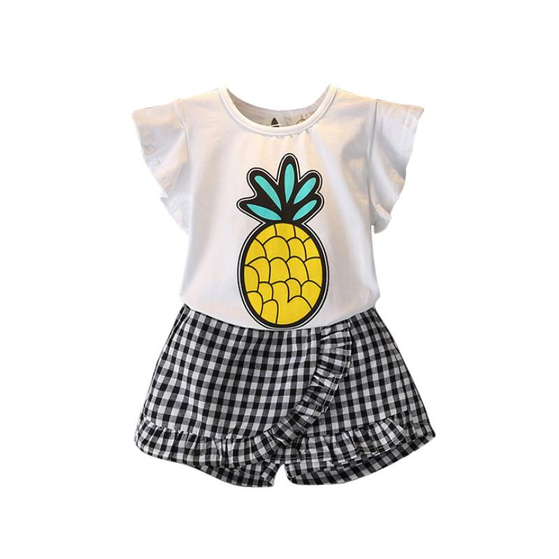 

Летняя футболка с мультяшным принтом для девочек + комплект из двух предметов в клетку-кюлоты M