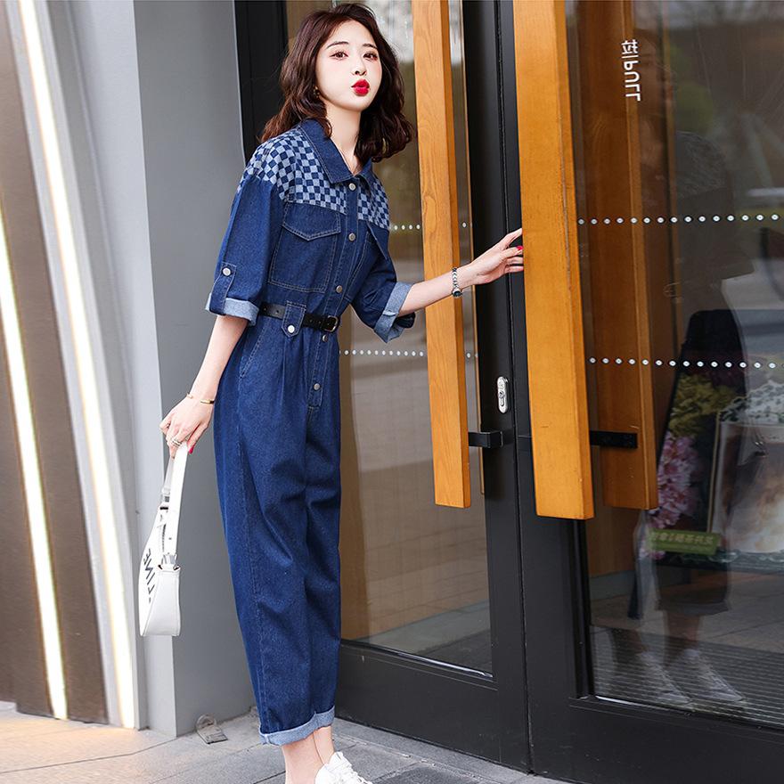 Denim Tooling Jumpsuit Women's Spring and Autumn New Splicing Plaid Design Sense Fashion Popular Jumpsuit